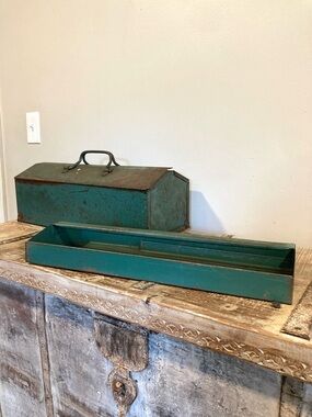 Vintage Metal Toolbox in Teal with Carry Handle and Insert 21” Long Distressed